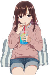 Rule 34 | 1girl, blue shorts, blush, brown eyes, brown hair, brown sweater, collared shirt, cup, drink, drinking, drinking glass, drinking straw, food, fruit, holding, holding cup, lemon, lemon slice, long hair, long sleeves, mattaku mousuke, original, pillow, shirt, short shorts, shorts, simple background, sitting, solo, striped clothes, striped shirt, sweater, twitter username, vertical-striped clothes, vertical-striped shirt, white background