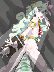 Rule 34 | 00s, 1girl, arm held back, ass, bdsm, bondage, bound, breasts, drill, fever-san, looking back, nia teppelin, nipples, nude, open mouth, small breasts, solo, stocks, suspension, tengen toppa gurren lagann