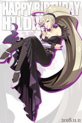 Rule 34 | 1girl, ahoge, bare shoulders, blonde hair, breasts, character name, cleavage, collarbone, dated, dress, earrings, english text, fur trim, happy birthday, heterochromia, high ponytail, highres, hilda (under night in-birth), jewelry, large breasts, lipstick, long hair, looking at viewer, makeup, morita, ponytail, red eyes, slit pupils, smile, solo, swept bangs, under night in-birth, very long hair