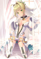Rule 34 | 1girl, ahoge, backlighting, bed sheet, belt, belt buckle, blonde hair, blurry, blurry background, blush, breasts, buckle, chain, cleavage, closed mouth, commentary request, curtain grab, curtains, depth of field, detached sleeves, fate/extra, fate/extra ccc, fate (series), full-length zipper, gloves, green eyes, hair intakes, hands up, head tilt, highleg, highleg leotard, highres, juliet sleeves, kneeling, large breasts, leotard, lock, long sleeves, looking at viewer, medium breasts, navel, nero claudius (bride) (fate), nero claudius (bride) (second ascension) (fate), nero claudius (fate), nero claudius (fate) (all), padlock, puffy sleeves, sanpeita, sidelocks, solo, sunlight, thighhighs, transparent, white gloves, white leotard, white sleeves, white thighhighs, window, zipper