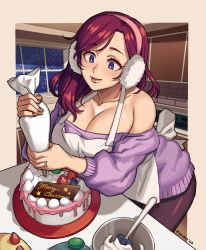 Rule 34 | 1girl, apron, beryl (junkpuyo), black pantyhose, borrowed character, breasts, cake, commentary, decorating, dress, english commentary, food, highres, huge breasts, jewelry, kinuko (kinucakes), kitchen, leaning forward, long hair, merry christmas, no bra, off-shoulder dress, off shoulder, original, ornate ring, pantyhose, purple eyes, purple hair, ring, solo, sweater, sweater dress, wedding ring
