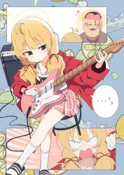 Rule 34 | 1boy, 1girl, absurdres, ahoge, amplifier, blonde hair, blue archive, blush, brown eyes, closed mouth, electric guitar, guitar, halo, highres, holding, holding instrument, instrument, jacket, long hair, long sleeves, luke (dydansgur), multiple views, music, official alternate hairstyle, open clothes, open jacket, pink skirt, playing instrument, pleated skirt, red jacket, skirt, socks, white socks, yellow halo, yoshimi (blue archive)