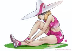 Rule 34 | 1girl, aurahack, blonde hair, blue eyes, breasts, crop top, full body, hair ornament, hairclip, hat, medium breasts, midriff, navel, original, shoes, short shorts, shorts, signature, sitting, sneakers, solo, sports bra, stretching, toned, track and field, watermark, web address, witch hat