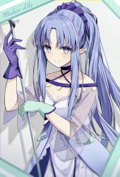 Rule 34 | 1girl, absurdres, aqua gloves, asymmetrical gloves, bare shoulders, blush, breasts, character name, cleavage, commentary request, commission, cowboy shot, dress, fate/grand order, fate (series), gloves, grey background, highres, holding, holding staff, kake udon, long hair, looking at viewer, medea (lily) (fate), medium breasts, mismatched gloves, parted lips, pointy ears, purple dress, purple eyes, purple gloves, purple hair, see-through, shadow, simple background, skeb commission, smile, solo, staff