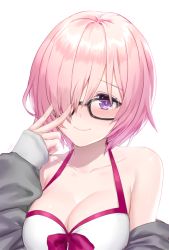 Rule 34 | 1girl, bare shoulders, black-framed eyewear, blush, bow, breasts, casual one-piece swimsuit, cleavage, closed mouth, collarbone, fate/grand order, fate (series), glasses, grey jacket, hair over one eye, hand up, jacket, long sleeves, mash kyrielight, mash kyrielight (swimsuit of perpetual summer), medium breasts, non (nonzile), official alternate costume, one-piece swimsuit, open clothes, open jacket, pink hair, purple bow, purple eyes, short hair, sleeves past wrists, smile, solo, swimsuit, upper body, v, v over eye, white one-piece swimsuit