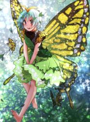 Rule 34 | 1girl, antennae, barefoot, blue hair, brown eyes, bug, butterfly, butterfly wings, dress, eternity larva, flying, full body, green dress, hair between eyes, hair ornament, highres, ice (aitsugai), insect, insect wings, leaf, leaf hair ornament, leaf on head, parted lips, short hair, smile, solo, sparkle, touhou, v arms, wings