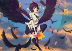 Rule 34 | 1girl, absurdres, artist name, autumn leaves, bird, black hair, black skirt, black thighhighs, black wings, blue sky, breasts, camera, cloud, collared shirt, crow, day, feathered wings, feathers, floating, frilled skirt, frills, hat, highres, holding, holding camera, holding leaf, knee up, leaf, looking at viewer, medium breasts, miniskirt, pointy ears, red eyes, ribbon, shameimaru aya, shirt, short hair, short sleeves, skirt, sky, solo, sunset, thighhighs, tokin hat, touhou, white shirt, wings, zettai ryouiki, zuosi zhichu