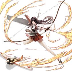 Rule 34 | &gt;:), 1girl, aircraft, airplane, akagi (kancolle), arrow (projectile), black eyes, black hair, bow (weapon), brown gloves, drawing bow, fingerless gloves, fire, flight deck, food, food on face, full body, gloves, granblue fantasy, highres, holding, holding bow (weapon), holding weapon, japanese clothes, kantai collection, long hair, matsuo shogo, miniskirt, muneate, official style, parody, pleated skirt, quiver, red skirt, rice, silhouette, simple background, single glove, single gloves, skirt, smile, solo, style parody, thighhighs, v-shaped eyebrows, weapon, white background, white thighhighs, zettai ryouiki