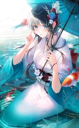 Rule 34 | 1girl, 2sham, black hair, blue eyes, blue flower, blue nails, blush, bow, breasts, collarbone, fish, flower, goldfish, hair between eyes, hair flower, hair ornament, hair ribbon, highres, holding, holding umbrella, japanese clothes, kimono, large bow, long hair, long sleeves, looking at viewer, lotus, nail polish, original, parted lips, partially submerged, puffy sleeves, red bow, red nails, red ribbon, ribbon, sitting, solo, umbrella, white flower, white ribbon