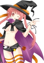 Rule 34 | 1girl, cape, ghost, halloween, hat, jack-o&#039;-lantern, naked cape, one eye closed, pants, pumpkin, ribbon, shorts, solo, thigh gap, thighhighs, tight clothes, tight pants, topless, white background, wink, witch hat