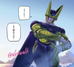 Rule 34 | 1boy, arm on knee, artist name, cell (dragon ball), cloud, commentary request, day, dragon ball, dragonball z, hand on own hip, looking to the side, male focus, naomi (nplusn), outdoors, parted lips, perfect cell, pink eyes, sky, smile, solo, speech bubble, teeth, translated