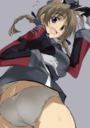 Rule 34 | 1girl, anchor hair ornament, animal ears, atori (lh1rbyl0ccyy5bz), blue eyes, breasts, brown hair, cowboy shot, creator connection, cross, dog ears, from behind, grey background, hair ornament, hat, iron cross, kantai collection, large breasts, long hair, looking at viewer, looking back, low twintails, lynette bishop, military, military uniform, no pants, open mouth, panties, peaked cap, prinz eugen (kancolle), simple background, solo, strike witches, twintails, underwear, uniform, white panties, world witches series