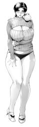 Rule 34 | 1girl, black panties, blush, breasts, cleavage, crossover, curvy, full body, greyscale, high heels, highres, hikaru no go, large breasts, mario (series), meme attire, mature female, monochrome, nintendo, on shoulder, open-chest sweater, open mouth, orushibu, panties, plump, shindou mitsuko, smile, standing, sweater, thick thighs, thighs, transparent background, underwear, wide hips, yoshi