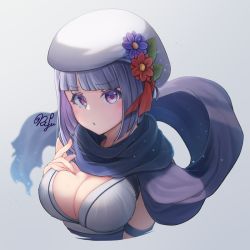 Rule 34 | 1girl, asymmetrical hair, beret, blunt bangs, blush, breasts, cleavage, commentary request, flower, grey background, guillotine cross (ragnarok online), hand on breast, hat, hat flower, hat leaf, large breasts, leaf, light purple hair, looking at viewer, open mouth, pout, purple eyes, purple flower, purple scarf, ragnarok online, red flower, rifu skr, scarf, shirt, short hair, signature, simple background, sleeveless, sleeveless shirt, solo, upper body, white hat, white shirt