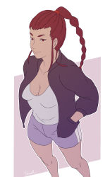 Rule 34 | 1girl, absurdres, breasts, closed mouth, devilman, devilman crybaby, eyebrows, highres, jacket, kuroda miki, long hair, matching hair/eyes, ponytail, red eyes, red hair, sheer, shirt, shorts, simple background, smile, solo, white background, white shirt