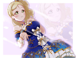 Rule 34 | 1girl, alternate hairstyle, artist name, artist request, bare shoulders, blonde hair, blue dress, blush, braid, breasts, brown eyes, cleavage, collarbone, crown braid, dress, drill hair, earrings, female focus, gloves, guncerlevin, hair rings, highres, jewelry, looking at viewer, love live!, love live! school idol festival, love live! school idol festival all stars, love live! sunshine!!, medium breasts, miniskirt, necklace, ohara mari, parted lips, short hair, skirt, smile, solo, striped clothes, striped gloves, white gloves, white skirt, yellow eyes