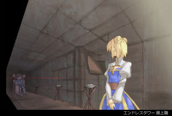 Rule 34 | 1girl, 1other, arch bishop (ragnarok online), armor, banner, black background, blonde hair, blue dress, brazier, brick wall, brown carpet, brown sash, carpet, choukichi, cleavage cutout, clothing cutout, commentary request, cowboy shot, cross-section, double bun, dress, full body, glowing, glowing eyes, hair bun, in-universe location, indoors, juliet sleeves, long sleeves, looking at another, looking to the side, naght sieger, own hands together, puffy sleeves, ragnarok online, red eyes, short hair, simple background, sitting, standing, throne, translated, white dress