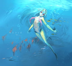 Rule 34 | 1girl, ao no roku-gou, bad id, bad pixiv id, ao no roku-gou, character name, colored skin, fins, fish, flat chest, jellyfish, monster girl, multicolored skin, mutio, observerz, pointy ears, red eyes, solo, therianthrope, underwater, white skin, yellow skin