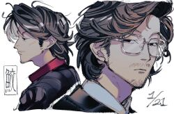 Rule 34 | 1boy, black eyes, black hair, black jacket, brown hair, character request, closed mouth, collared shirt, copyright request, cropped shoulders, expressionless, facial hair, glasses, half-closed eyes, highres, jacket, looking ahead, looking at viewer, male focus, messy hair, multiple views, naotin3333, portrait, profile, red shirt, shirt, short hair, sideburns, simple background, swept bangs, unfinished, white-framed eyewear, white background, white shirt