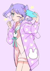 Rule 34 | 1girl, animal earrings, animal print, cellphone, commentary request, earrings, gradient scrunchie, grey eyes, hair ornament, hair scrunchie, hibari mitsuru, highres, holding, holding phone, jewelry, naoi mai, official art, one eye closed, pajamas, phone, purple hair, purple pajamas, rabbit earrings, rabbit print, scrunchie, selfie, short hair, smartphone, star (symbol), tongue, tongue out, twintails, yuri de naru esupowaru