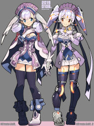 Rule 34 | 2girls, android, blue eyes, blush, breasts, cape, curly hair, elbow gloves, gloves, hat, head wings, joints, long hair, looking at viewer, maid headdress, medium breasts, melia antiqua, multiple girls, nintendo, nopon, open mouth, orange eyes, poppi (xenoblade), poppi qt (xenoblade), purple hair, ribbon, robot joints, sasaki tomomi, short hair, silver hair, simple background, smile, spoilers, thighhighs, twintails, wings, xenoblade chronicles (series), xenoblade chronicles 1, xenoblade chronicles 2, zettai ryouiki