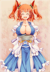 Rule 34 | 1girl, :d, blue dress, breasts, brown background, cleavage, closed eyes, collarbone, commentary request, cross-laced clothes, dress, facing viewer, hair bobbles, hair ornament, highres, ichirino minagi, large breasts, onozuka komachi, open mouth, pelvic curtain, red hair, short hair, short sleeves, simple background, smile, solo, thighhighs, touhou, two side up, white thighhighs
