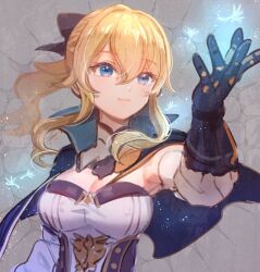 Rule 34 | 1girl, bare shoulders, blonde hair, blue eyes, bow, breasts, capelet, cleavage, detached sleeves, genshin impact, gloves, hair between eyes, hair bow, highres, jean (genshin impact), large breasts, long hair, ponytail, sidelocks, smile, solo, starry babe