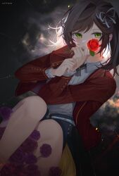 Rule 34 | 1girl, absurdres, artist name, black skirt, bow, brown hair, calinae, collarbone, commentary, flower, green eyes, hair bow, highres, holding, holding flower, jacket, long hair, long sleeves, looking at viewer, purple flower, purple rose, red flower, red jacket, red rose, rosa (tears of themis), rose, shirt, skirt, solo, symbol-only commentary, tears of themis, white bow, white shirt