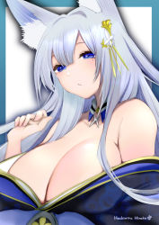 Rule 34 | 1girl, animal ear fluff, animal ears, artist name, azur lane, bare shoulders, blue border, blue eyes, blue kimono, blunt bangs, blush, border, breasts, cleavage, collarbone, commentary request, detached collar, drop shadow, eyebrows hidden by hair, fox ears, hachimitsu hinako, hair between eyes, hair intakes, hair ornament, hand up, head tilt, highres, huge breasts, japanese clothes, kimono, long hair, looking at viewer, mole, mole under eye, off shoulder, one-hour drawing challenge, parted lips, print kimono, shinano (azur lane), sidelocks, silver hair, simple background, solo, unmoving pattern, upper body, white background
