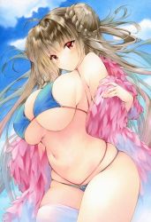 Rule 34 | 1girl, azur lane, bare arms, bare shoulders, bikini, blue bikini, blue sky, braid, breasts, brown hair, cleavage, cloud, cowboy shot, double bun, expressionless, floating hair, formidable (azur lane), formidable (the lady of the beach) (azur lane), large breasts, long hair, looking at viewer, marker (medium), navel, official alternate costume, red eyes, single thighhigh, skindentation, sky, solo, stomach, string bikini, swimsuit, thighhighs, thingtng (sgma7424), traditional media, very long hair