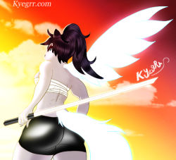 Rule 34 | 1girl, angel, ass, bird, black hair, blue eyes, breasts, feathers, glowing, hair over eyes, huge ass, katana, kyegrr, large breasts, long hair, long tail, looking at viewer, looking back, original, self-upload, shorts, solo, squirrel, sword, tail, thighs, weapon, wings