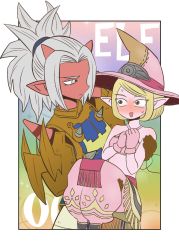 Rule 34 | 2girls, armor, bare shoulders, blonde hair, blush, carrying, character request, colored skin, commentary request, dragon quest, dragon quest x, gloves, green eyes, grey eyes, grey hair, hat, horns, midriff, mochi au lait, multiple girls, pink gloves, pointy ears, ponytail, princess carry, red skin, short hair, witch hat, yuri