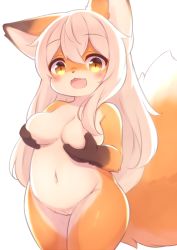 Rule 34 | 1girl, animal ear fluff, animal ears, body fur, breast hold, breasts, brown eyes, cleft of venus, covering nipples, covering privates, fang, fox ears, fox girl, fox tail, furry, furry female, groin, long hair, matsuu (akiomoi), navel, nude, open mouth, original, pussy, smile, solo, tail, thighs, white hair