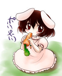 Rule 34 | 1girl, animal ears, blush, brown eyes, brown hair, carrot, chibi, dress, eating, female focus, gradient background, highres, inaba tewi, jewelry, necklace, pink dress, rabbit ears, sitting, solo, touhou, translation request, yume shokunin