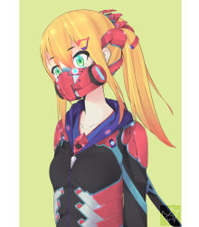 Rule 34 | 1girl, absurdres, black jacket, blonde hair, breasts, collarbone, commentary request, copyright request, gradient hair, green background, green eyes, hair between eyes, hair ornament, headgear, highres, hood, hood down, hooded jacket, jacket, long hair, looking at viewer, mask, mouth mask, multicolored hair, orange hair, ponytail, small breasts, solo, two-tone background, twt, upper body, white background