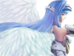 Rule 34 | 00s, 1girl, android, angel wings, blue hair, derivative work, indesign, kos-mos, long hair, red eyes, simple background, solo, wallpaper, wings, xenosaga, xenosaga episode i