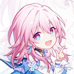 Rule 34 | 1girl, :d, arm up, blue eyes, choker, commentary, hair between eyes, honkai: star rail, honkai (series), long sleeves, looking at viewer, march 7th (honkai: star rail), medium hair, multicolored eyes, open mouth, pink eyes, pink hair, pointing, pointing up, quan (kurisu tina), signature, smile, solo, upper body, zoom layer