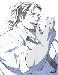 Rule 34 | 1boy, bags under eyes, bara, boogeyman (housamo), commentary request, facial hair, goatee, highres, hijirino yuuta, long sideburns, male focus, mature male, muscular, muscular male, necktie, scar, scar on face, school uniform, sideburns, smile, solo, tokyo houkago summoners