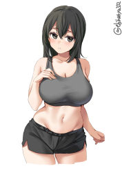 Rule 34 | 1girl, :o, akitsu maru (kancolle), alternate costume, artist name, bike shorts, black hair, black shorts, blush, bra, breasts, cleavage, collarbone, commentary request, cowboy shot, cropped legs, ebifurya, grey bra, hair between eyes, hand on own chest, highres, kantai collection, large breasts, looking at viewer, medium hair, navel, one-hour drawing challenge, shorts, simple background, solo, sports bra, sportswear, twitter username, underwear, white background