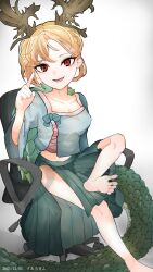 Rule 34 | 1girl, antlers, barefoot, blonde hair, blue shirt, dragon girl, dragon horns, dragon tail, highres, horns, kicchou yachie, looking at viewer, red eyes, shirt, short hair, simple background, smile, square neckline, suarokin, tail, touhou, turtle shell
