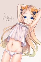 Rule 34 | 1girl, abigail williams (fate), armpits, arms up, bare arms, bare shoulders, black bow, blonde hair, blue eyes, blush, bow, breasts, brown background, camisole, collarbone, commentary request, dutch angle, fate/grand order, fate (series), forehead, frilled camisole, frills, gradient background, grey background, groin, hair bow, highres, long hair, looking at viewer, navel, orange bow, panties, parted bangs, parted lips, signature, small breasts, solo, underwear, underwear only, very long hair, white camisole, white panties, yuu ms1974