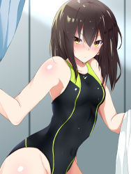 Rule 34 | 1girl, absurdres, blush, bodysuit, breasts, brown hair, check commentary, commentary request, competition swimsuit, highleg, highres, locker, locker room, logo, looking at viewer, medium hair, nike (company), one-piece swimsuit, original, pout, sebunsu, skin tight, small breasts, solo, swimsuit, yellow eyes
