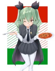 Rule 34 | 10s, 1girl, ame., anchovy (girls und panzer), brown eyes, cape, drill hair, food, fork, girls und panzer, green hair, long hair, necktie, one eye closed, pantyhose, pasta, solo, spaghetti, twin drills, twintails