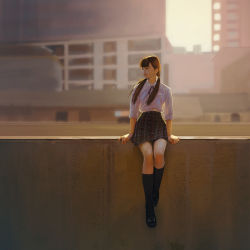 Rule 34 | 1girl, arm support, arms at sides, black footwear, black ribbon, black skirt, black socks, blouse, brown hair, building, checkered clothes, checkered skirt, city, collared shirt, dress shirt, full body, high-waist skirt, highres, kneehighs, ledge, lia marin, loafers, long hair, long sleeves, looking to the side, low twintails, neck ribbon, original, outdoors, photo-referenced, realistic, ribbon, school uniform, shirt, shirt tucked in, shoes, sitting, skirt, sleeves rolled up, socks, solo, twintails, white shirt