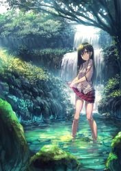 Rule 34 | 1girl, bare legs, barefoot, blue eyes, bra, breasts, day, dress shirt, full body, green hair, hair between eyes, highres, kamome yuu, light frown, long hair, looking at viewer, moss, nature, original, outdoors, plaid, plaid skirt, red skirt, rock, scenery, see-through, shirt, short sleeves, skirt, small breasts, solo, stream, striped bra, striped clothes, tree, underwear, wading, water, waterfall, wet, wet clothes, wet shirt, white shirt, wide shot, wringing clothes, wringing skirt
