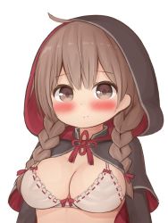 Rule 34 | 1girl, black capelet, bra, braid, breasts, brown eyes, brown hair, capelet, cleavage, hood, hooded capelet, kantai collection, large breasts, nepty (silkey vod), shinshuu maru (kancolle), simple background, solo, twin braids, underwear, upper body, white background