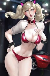 Rule 34 | 1girl, alternate costume, animal ears, aqua eyes, bare legs, bikini, blonde hair, blurry, blurry background, blush, breasts, car, cleavage, cuffs, female focus, hand on own hip, hand up, highres, indoors, large breasts, legs, lens flare, lips, lipstick, long hair, looking at viewer, makeup, motor vehicle, nail polish, navel, open mouth, persona, persona 5, race queen, ragecndy, red bikini, red lips, revealing clothes, smile, solo, standing, swept bangs, swimsuit, takamaki anne, twintails, twitter username