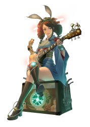 Rule 34 | 1girl, blue eyes, boots, bracelet, brown hair, crossed legs, drill hair, full body, goggles, goggles on head, guitar, high heels, highres, instrument, japanese clothes, jewelry, kimono, knee boots, lipstick, looking at viewer, makeup, nail polish, original, shoes, simple background, sitting, smile, solo, steampunk, symbol-shaped pupils, terumii