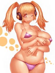 Rule 34 | 1girl, belly, bikini, blonde hair, breasts, cameltoe, fumio (rsqkr), headphones, large breasts, long hair, looking at viewer, navel, nitroplus, one eye closed, plump, purple bikini, red eyes, skindentation, solo, super pochaco, swimsuit, twintails, wink