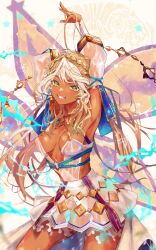 Rule 34 | 1girl, andromeda (fate), andromeda (first ascension) (fate), armpits, arms up, blonde hair, braid, breasts, chain, commentary, cowboy shot, crown braid, cuffs, dark-skinned female, dark skin, detached sleeves, fate/grand order, fate (series), gold chain, gold choker, green eyes, grin, highres, looking at viewer, low twintails, medium breasts, multicolored hair, nail polish, purple ribbon, ribbon, see-through, see-through skirt, shackles, skirt, smile, solo, striped ribbon, teeth, twintails, two-tone hair, white background, white hair, white nails, white skirt, white sleeves, wings, yoichi555p